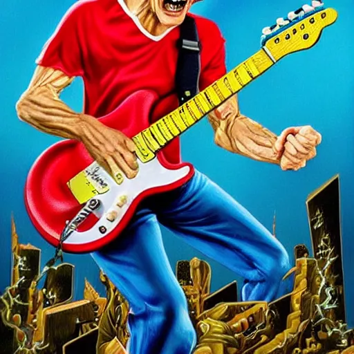 Image similar to Barry Chuckle Shredding on an electric guitar in the style of Jason Edmiston