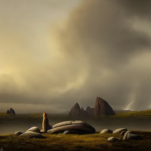 Prompt: giant stone man by grzegorz rutkowski, atmospheric haze, stormy, tundra, hudson river school, princess in foreground, large scale