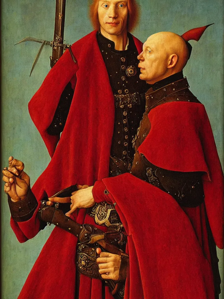 Image similar to portrait of a high fantasy elf sheriff by Jan van Eyck
