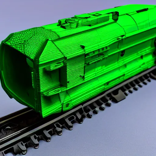Image similar to a 3 d printed rail gun prototype, printed in green filament that is slightly transparent, with visible layer lines and printing errors. 4 k, hdr, photo taken on an iphone 1 2.