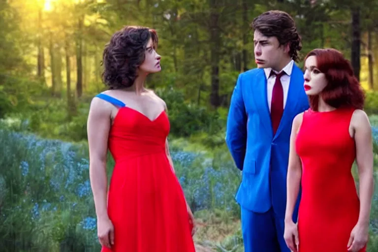 Image similar to full body film still of a man longingly looking at a woman in a red dress as a woman in a blue dress looks disgusted at the man in the new romance comedy movie, dramatic angle, dramatic lighting, meme