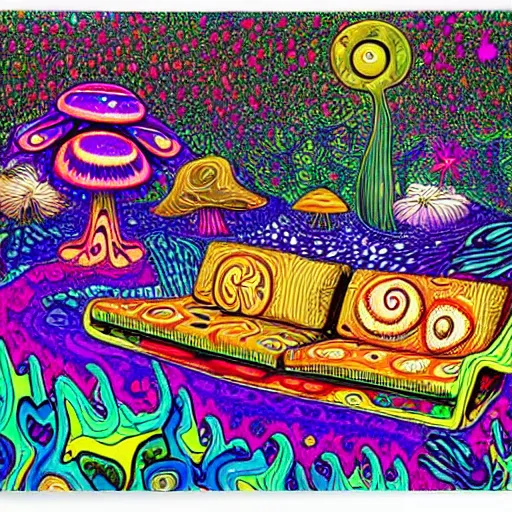 Image similar to psychedelic trippy couch in the lush forest, planets, flowers, mushrooms milky way, sofa, cartoon by ronald balfour