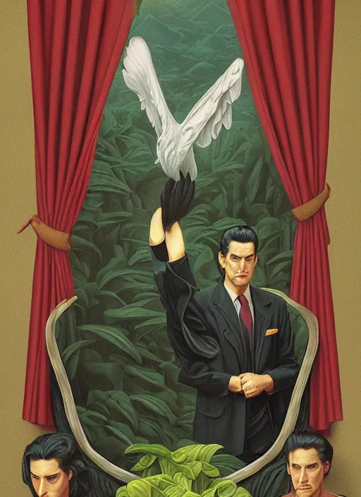 Prompt: twin peaks poster art, by michael whelan, rossetti bouguereau, artgerm, retro, nostalgic, old fashioned, kyle mclaughlin, large owl wings wrap around dale cooper