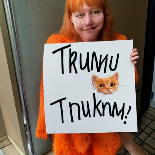 Prompt: a cute fluffly orange tabby cat holding a sign that says