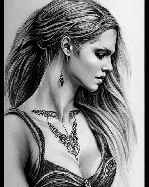 Image similar to tattoo sketch of beautiful greek goddess aphrodite with arrow earrings, beautiful piercing eyes, flowing blonde hair, realistic face, hyper realistic, in the style of greg rutkowski, fantasy, amazing detail, epic, intricate, elegant, smooth, sharp focus