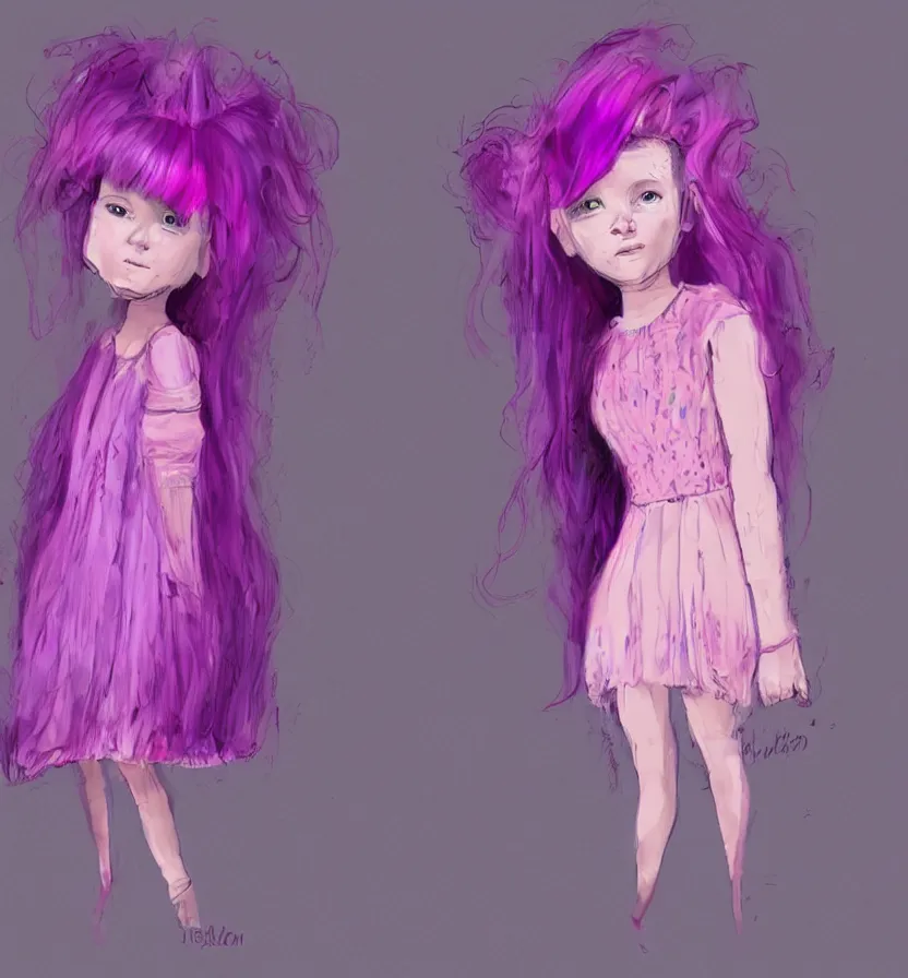 Prompt: little girl with eccentric pink hair wearing a dress made of purple fur, anatomically perfect, concept art,