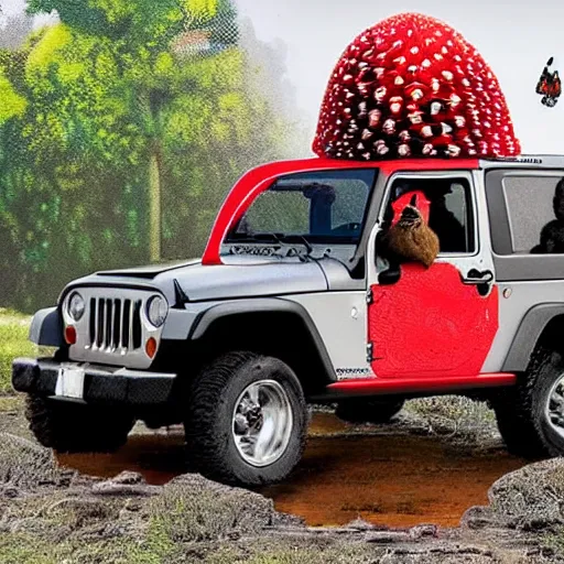 Prompt: gorilla driving a jeep holding an amanita muscaria made by banksy