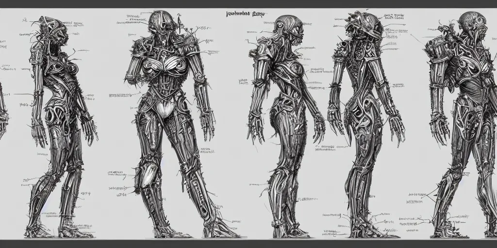 Image similar to highly detailed character sheet, technical drawing, side view, biomechanical human game protagonist designs, side - scrolling 2 d platformer, art by h. r. giger and jonathan wayshak