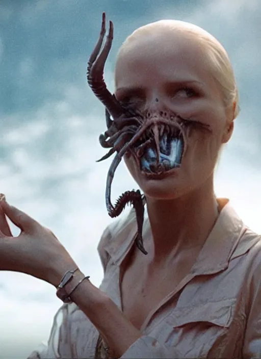 Image similar to movie still of a beautiful woman with an alien facehugger on her face, cinematic.