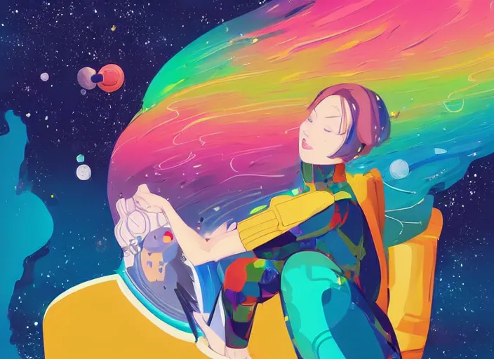 Image similar to a beautiful woman with rainbow hair floating in space. she is an astronaut, wearing a space suit, fixing her space rocket. clean cel shaded vector art. shutterstock. behance hd by lois van baarle, artgerm, helen huang, by makoto shinkai and ilya kuvshinov, rossdraws, illustration, art by ilya kuvshinov