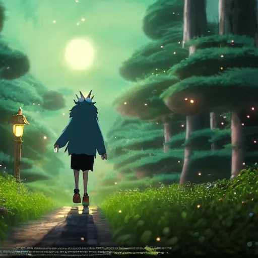 Prompt: magical giant creature walking in the night made by studio ghibli, beautifl scene, smooth, 8 k, high details, high quality