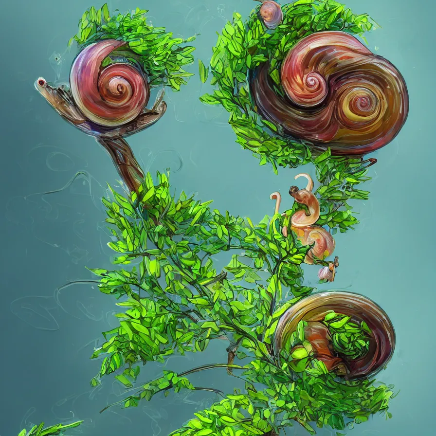 Prompt: A beautiful baby snail with a spiral full of color climbing the highest green branch of the entire bonnet, ilustration, concept art, sharp focus, ArtStation and deviantart