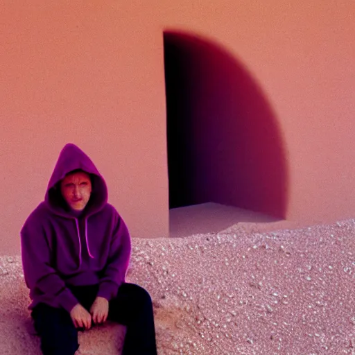 Image similar to a man wearing a pink hoodie sitting outside a Non-Euclidean orb-like clay house sitting in the desert, vintage photo, beautiful cinematography, blue sky, film grain, James Turrell