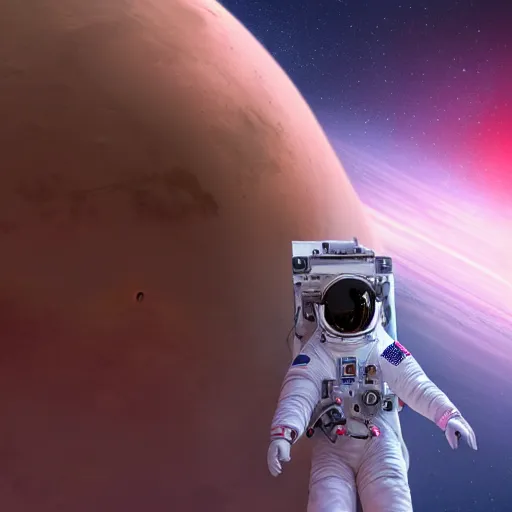 Image similar to A wide angle shot from below of a female astronaut with a feminine body walking with swagger towards camera on mars in an infinite universe , synthwave digital art