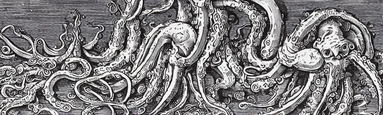 Image similar to Elaborate wallpaper print of Giant Squid with big eyes and knobby tentacles attacking a ship in the Waves in the style of Albrecht Durer and Martin Schongauer, high contrast finely carved woodcut black and white crisp edges