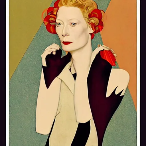 Image similar to a portrait by coles phillips of the stunningly beautiful actree, tilda swinton, mucha, kandinsky, art deco, decadence,