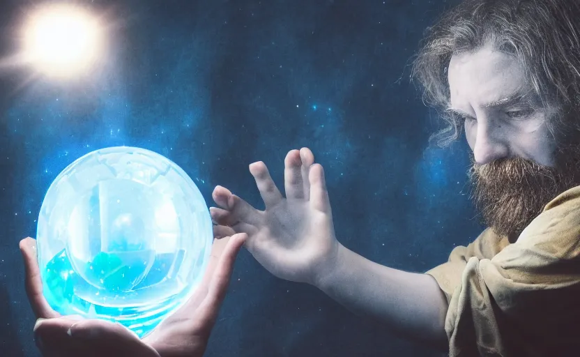 Image similar to wizard seated in dimly lit study, holding hand over a crystal ball, crystal ball glowing blue