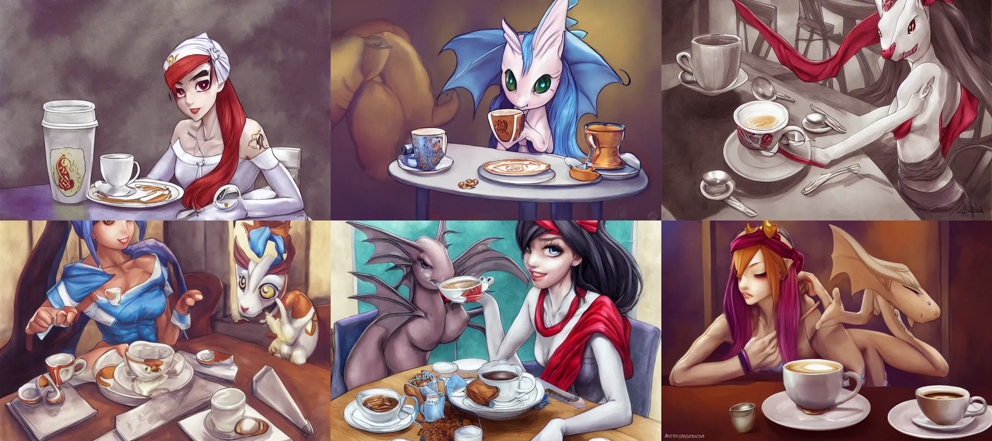 Prompt: dragonair wearing a bandanna at a table with cup of coffee by artgerm