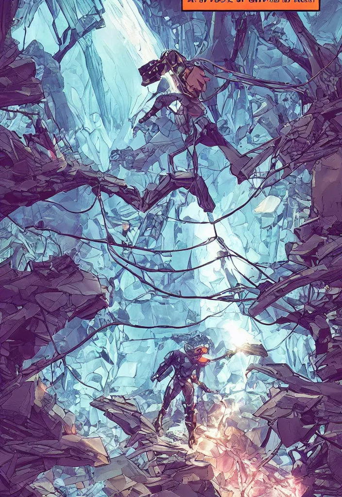 Image similar to a comic book cover of an android soldier with back to the camera, in a forest made of crystal and gemstone, looking across a vast chasm and old rope bridge. on the mountain facing him is a temple made of shards of crystal with a tower glowing in the fog, by francis manapul and by dustin nguyenand