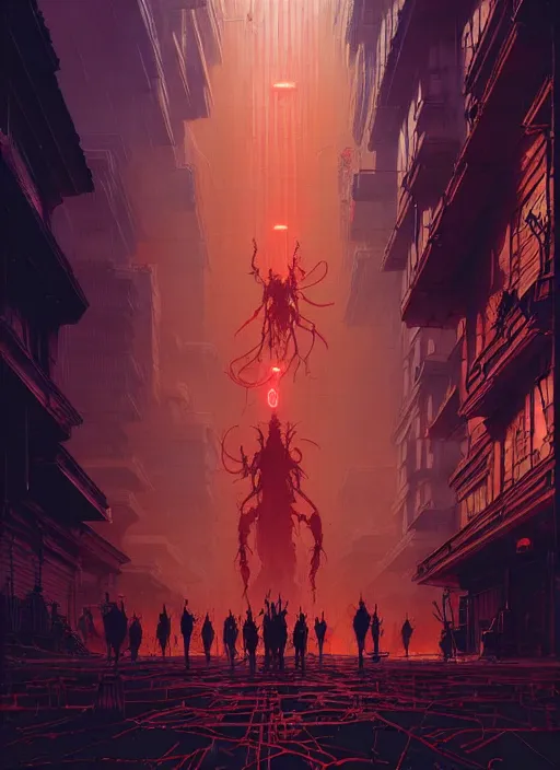 Prompt: masterpiece concept art, neon demons, by greg rutkowski and geof darrow, 8 k, intricate detail, cinematic lighting