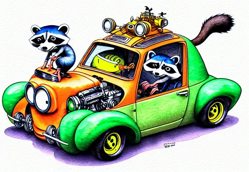 Image similar to cute and funny, racoon riding in a tiny hot rod coupe with oversized engine, ratfink style by ed roth, centered award winning watercolor pen illustration, isometric illustration by chihiro iwasaki, edited by range murata