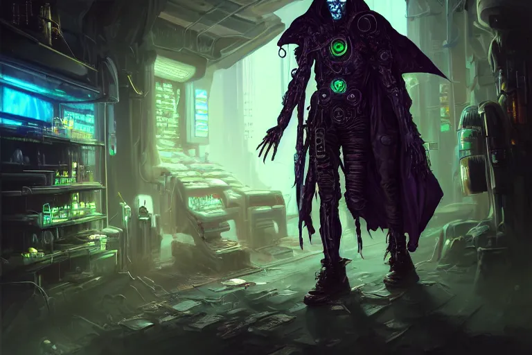 Image similar to ultra realistic illustration, a futuristic cyberpunk damaged necromancer cyborg wearing a cloak working on creating magical potions in an underground lair, hot potions in vials in background, rotting creatures on the shelf, cyberpunk, sci - fi, fantasy, intricate, elegant, highly detailed, digital painting, artstation, concept art, sharp focus, art wadim kashin