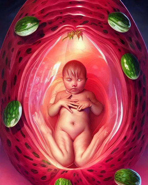 Prompt: a watermelon womb, baby in a transparent watermelon womb, gestation inside a watermelon, transparent, highly detailed, digital painting, artstation, concept art, smooth, sharp focus, illustration, art by artgerm and greg rutkowski and alphonse mucha