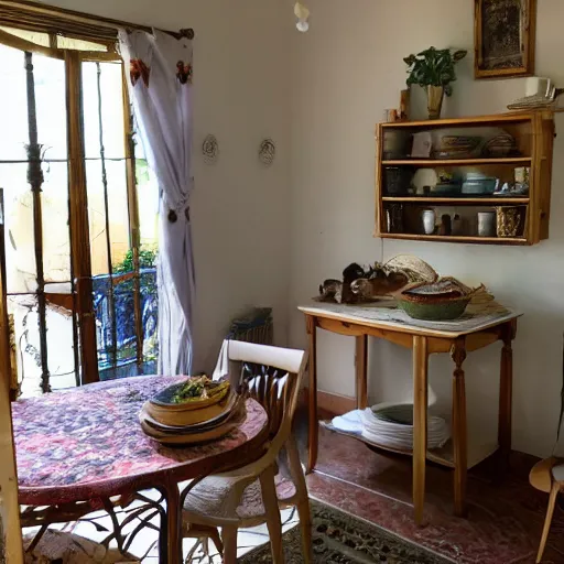 Prompt: Picture of very very very very filled provence interior room with cat sitting on the table,