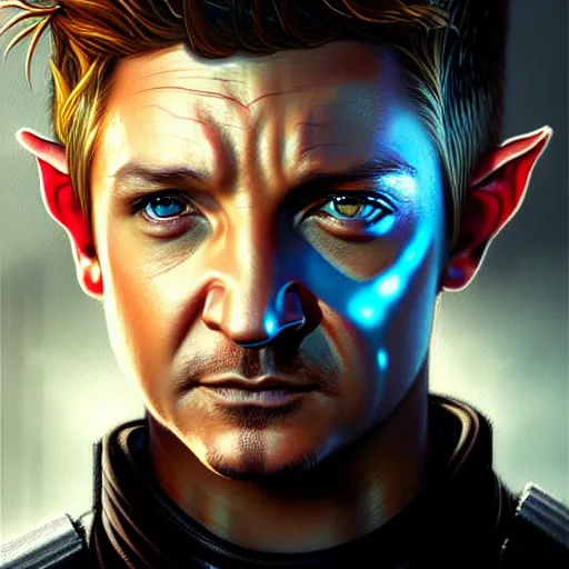 Image similar to portrait painting of a cyberpunk elven cop who looks like jeremy renner, ultra realistic, concept art, intricate details, eerie, highly detailed, photorealistic, octane render, 8 k, unreal engine. art by artgerm and greg rutkowski and charlie bowater and magali villeneuve and alphonse mucha