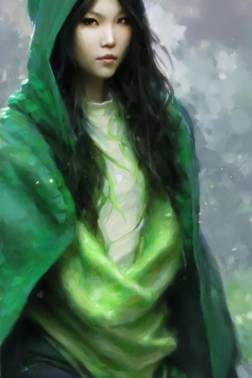 Image similar to an asian woman with emerald eyes and emerald hair that curls in the end, green aura, black hoodie, painting by daniel gerhartz, alphonse murac, detailed art, artstation