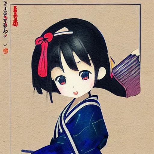 Image similar to beautiful water color concept art of face detailing cute nendoroid girl in the style of ukiyoe , toon rendering, close-up