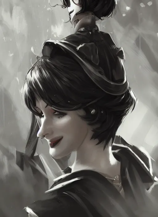 Image similar to a highly detailed illustration of beautiful short black messy haired woman wearing eyepatch and noir style suit and tie, dramatic smiling pose, intricate, elegant, highly detailed, centered, digital painting, artstation, concept art, smooth, sharp focus, league of legends concept art, WLOP