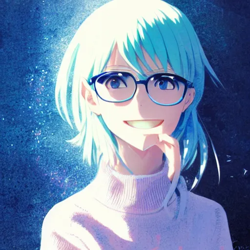 Prompt: anime cute girl in blue sweater white white pale hair black glasses standing psychedelic background by greg rutkowski makoto shinkai kyoto animation key art feminine mid shot wlop smile