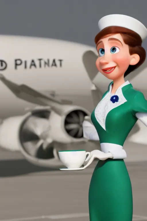 Prompt: female flight attendant with green eyes holding white teacup with economy class in background, full body. pixar disney 4 k 3 d render funny animation movie oscar winning trending on artstation and behance, ratatouille style