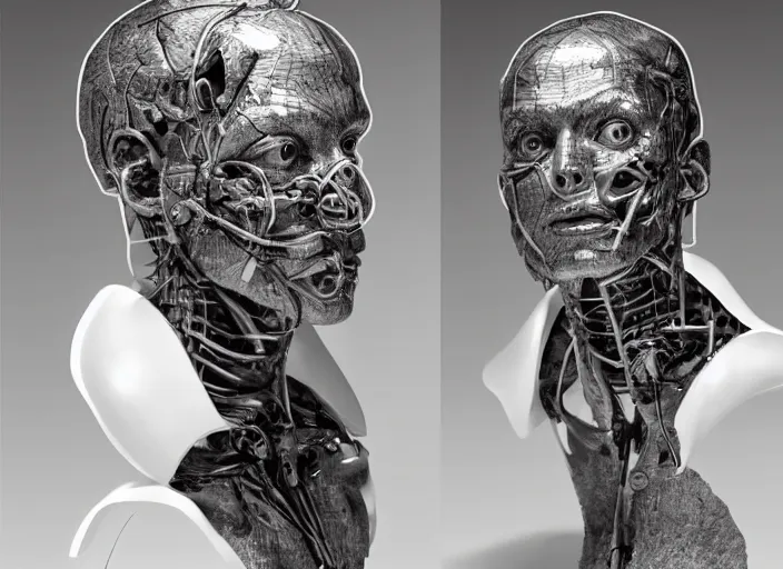 Image similar to a sculpture anatomical cyborg, bust , detailed face, studio lighting