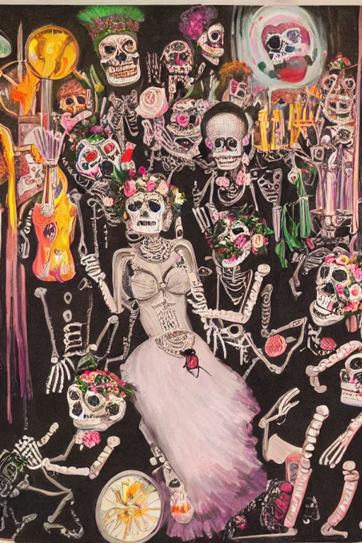 Image similar to scene from wedding, day of the dead, cyber skeletons, queen in black silk in the center, neon painting by otto dix