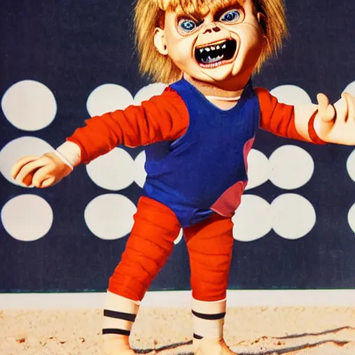 Image similar to screaming chucky doll playing volleyball and wearing tight volleyball shorts