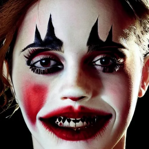 Prompt: emma watson. creepy clown makeup