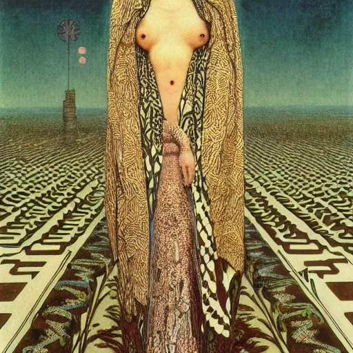 Image similar to portrait of tall, long-necked lipless mutant woman covered with elaborately patterned brown and white scales wearing gauze toga and standing in cyberpunk art deco mosque by Beksinski, Bruegel, Greg Rutkowski, Alphonse Mucha, and Yoshitaka Amano