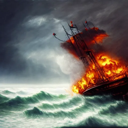 Image similar to A burning pirate ship on a stormy sea getting struck by lightning, oil painting, high detail, godrays, smooth, sharp, 4k, dramatic lightning, bloom, gloomy