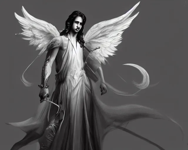 Prompt: Avan Jogia as an angel with large white wings, detailed fantasy digital art, trending on artstation