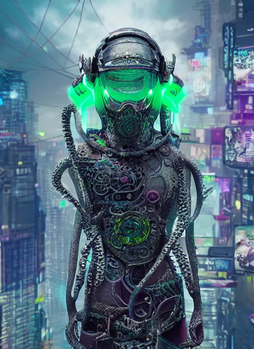 Image similar to hyperrealism, detailed textures, photorealistic 3 d cyberpunk octopus queen in apocalyptic city, futuristic clothing and helmet, neon colors, ultra realistic, cinematic, intricate, low light, unreal engine 8 k