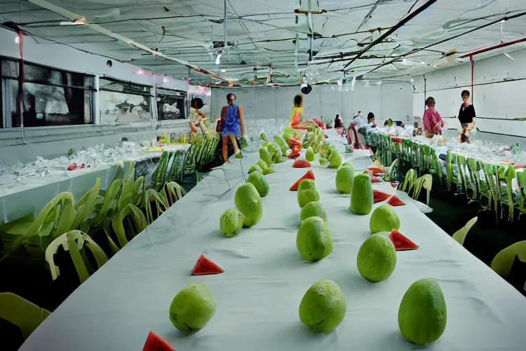 Image similar to 2 0 1 2 watermelon diner, tables repeat endlessly into the horizon, y 2 k cybercore cutecore fruitcore, one point perspective, tyler mitchell photoshoot