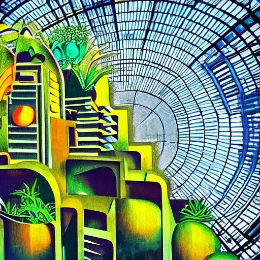 Image similar to dslr kodak, photo of a solar punk lush giant plants city, modern architecture, city color scheme, geometry will draw the soul toward the truth and create the spirit of philosophy, galactic nebula, surrealist oil painting