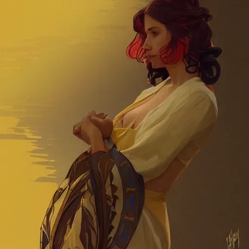 Prompt: humiliated man kneeling before a proud queen, yellow eyes, highly detailed, digital painting, artstation, smooth, sharp focus, illustration, art by artgerm and alphonse mucha, high definition digital art, in the style of ilya kuvshinov and Ross tran