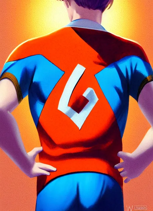 Image similar to friendly teenage archie andrews wearing an orange superhero costume with heart logo, heart, freckles, blue cape, heart emblem on chest, blue cape, intricate, elegant, glowing lights, highly detailed, digital painting, artstation, sharp focus, illustration, art by wlop, mars ravelo and greg rutkowski