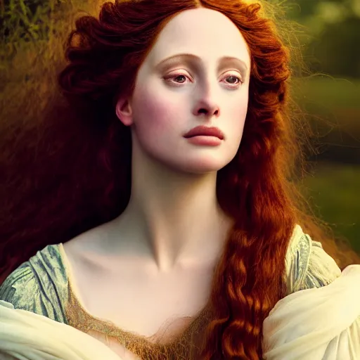 Image similar to photographic portrait of a stunningly beautiful renaissance pre raphaelite lady guinevere female in soft dreamy light at sunset, contemporary fashion shoot, by edward robert hughes, annie leibovitz and steve mccurry, david lazar, jimmy nelsson, breathtaking, 8 k resolution, extremely detailed, beautiful, establishing shot, artistic, hyperrealistic, beautiful face, octane render