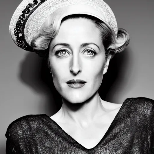 Image similar to photo of a gorgeous Gillian Anderson wearing a 1920s hat by Mario Testino, detailed, head shot, award winning, Sony a7R