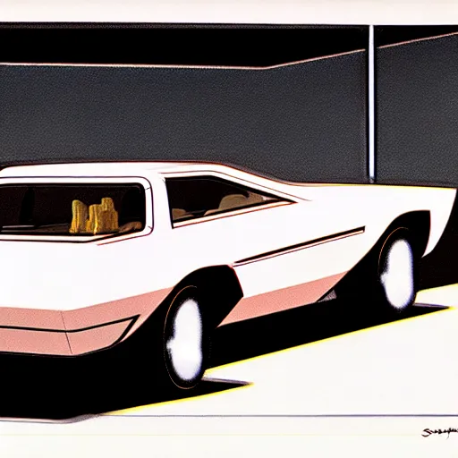 Image similar to concept art for a car with built - in meat smoker, illustrated by syd mead, high quality