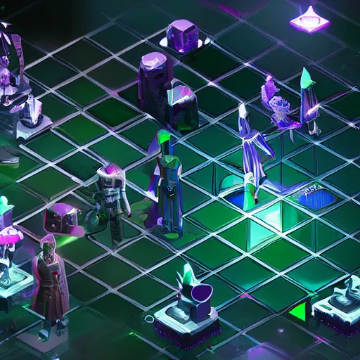 Prompt: An artificial intelligence designing an isometric futuristic rpg game, 4k, dramatic lighting, high detail